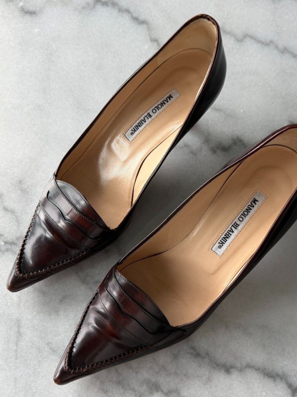 Manolo Blahnik Vintage Brown "Loafer" Style Kitten Heels - Size 40